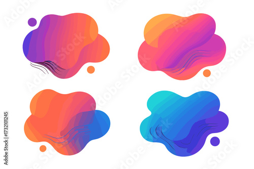 Set of abstract fluid shapes. Colorful gradient liquid blotch elements. Modern dynamic amoeba forms. Vector illustration for banner, poster, web design. Flowing organic spots.