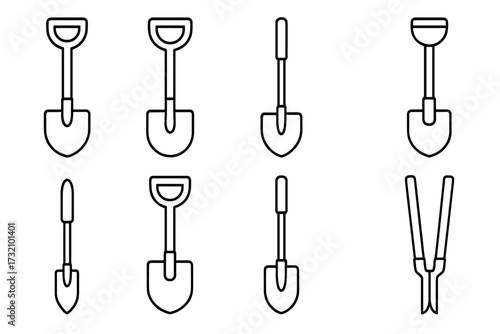 Shovel line icon bundle set, outline gardening tools, vector cartoon illustration, web design symbols, app icons, adverts, various card elements, transparent background