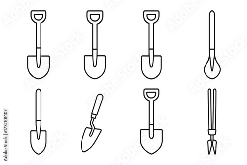 Shovel line icon bundle, set of gardening tool outline signs for graphic and web design, app icons, adverts, cards, vector cartoon illustration with transparent background