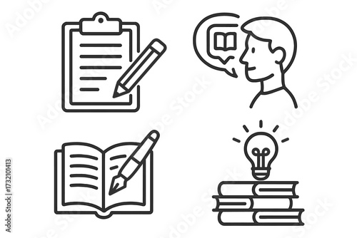 Simple editable stroke icon collection for education and creativity, infographics, articles, books, flyers, banners. Vector cartoon outline design, writing, learning, ideas concept