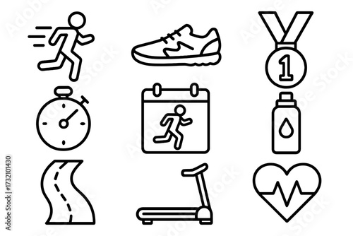 Simple icon collection editable stroke for running fitness sports and health infographic design, vector cartoon illustration with transparent background, perfect for articles and banners