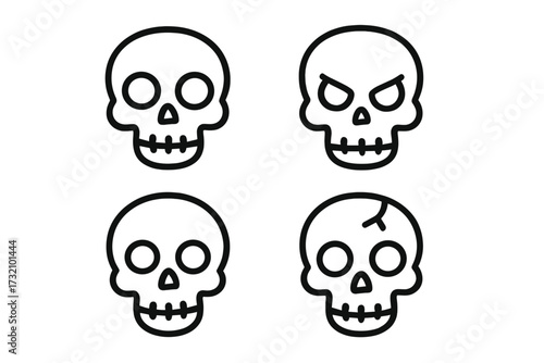 Modern outline style skull icons set for design, cards, apps, and social networks. Vector cartoon illustration with transparent background. Horror, spooky, death, skeleton.