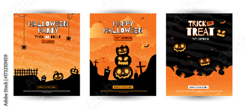 Set of Happy Halloween background design. Vector banner, poster, card, content for social media, halloween festival for decoration with spooky ghost, pumpkin, moon, castle, tree. 31st October