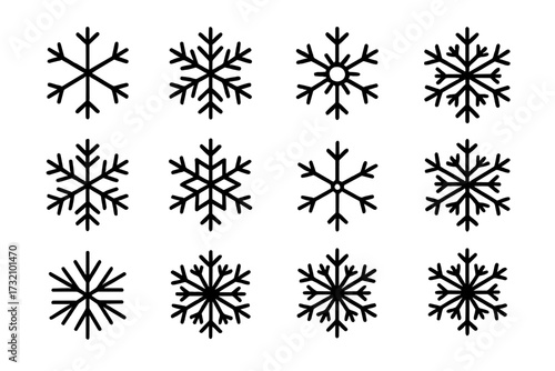 Elegant set of black snowflake icons with thin editable stroke design, perfect for winter, Christmas, holiday web and app graphics, cards, books, vector illustration