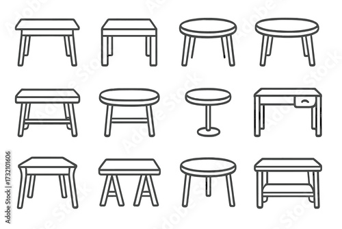 Table line icon collection, outline furniture symbols for graphic design, web, apps, adverts, cards, vector illustration with transparent background, modern desk and stool icons