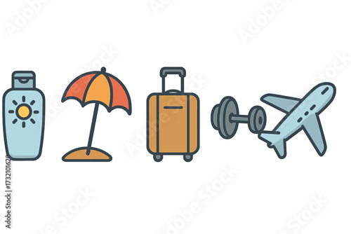 Travel related icon set with sunscreen bottle, beach umbrella, suitcase luggage, dumbbell fitness, and airplane vector for banners, infographics, books, articles, design concepts