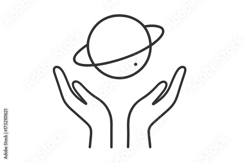 Thin line icon of planet with rings floating above open hands, concept of space protection, universe care, cosmic energy, minimal vector illustration for apps and design