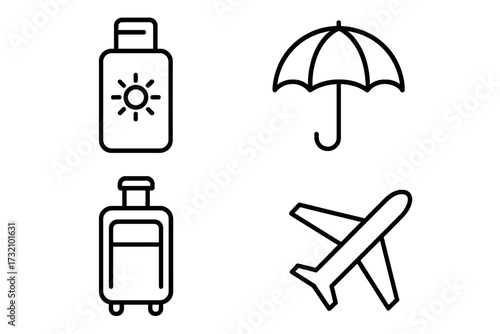 Travel related outline icons set with sunscreen bottle, umbrella, baggage luggage, and airplane silhouette, minimalist line art for travel infographics, banners, articles, and books