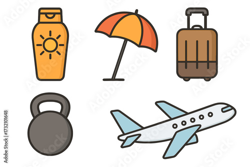 Travel and vacation related icon set including sunscreen bottle, beach umbrella, rolling luggage, kettlebell weight, and airplane vector for banners, infographics, articles, and design projects