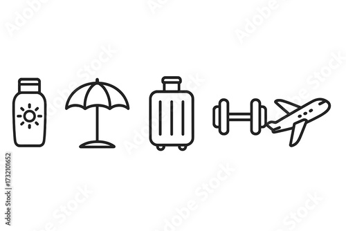 Travel related icon set with sunscreen bottle, beach umbrella, luggage, fitness dumbbell, airplane. Simple line art collection for banners, infographics, books, articles design elements