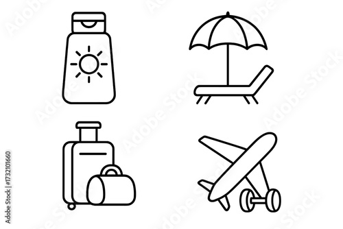 Travel related outline icon set including sunscreen bottle with sun symbol, beach umbrella with lounge chair, luggage suitcase and duffel bag, airplane icon for banners, infographics, books, articles