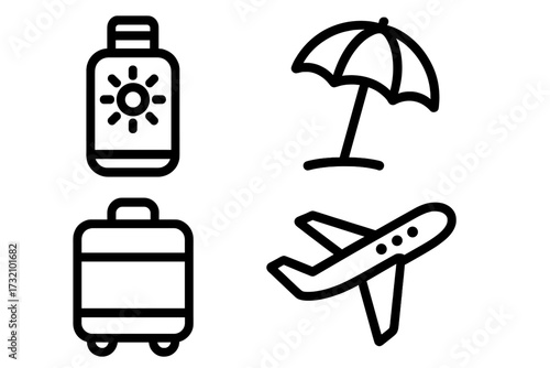 Travel related icon set with sunscreen bottle, beach umbrella, luggage suitcase, airplane vector symbols for banners, infographics, books, articles, and design projects