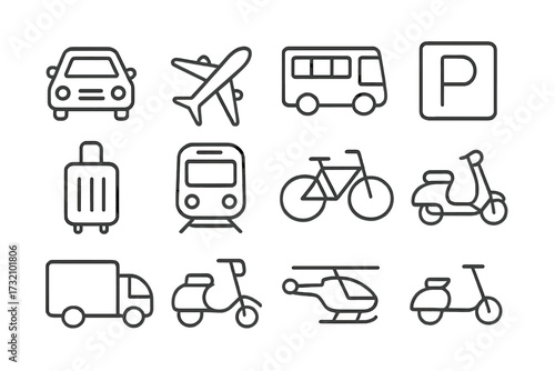 Transport and vehicle line icons collection with cars, airplanes, buses, parking signs, trains, bikes, scooters, trucks, helicopters; travel and transit vector illustration