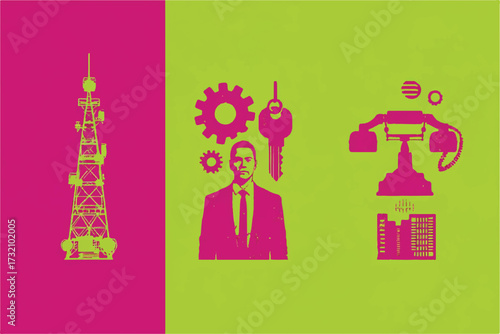 Conceptual business illustration featuring communication technology security management and strategic planning for successful operation and growth