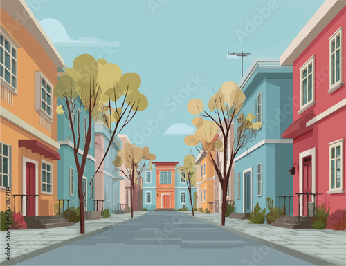 Colorful houses line quiet street in cartoon illustration with tree lined road showing neighborhood charm and architectural variety
