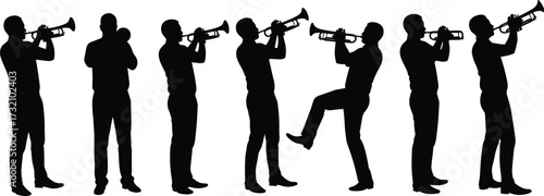 Silhouette illustration of trumpet musicians performing, jazz band players, brass instrument artists, music concert, marching band parade, entertainment, celebration, festival, performance