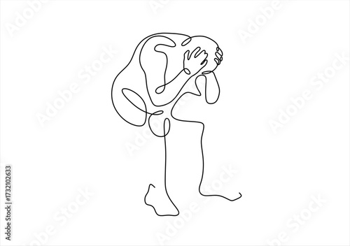 Man in Distress Contemplative Pose with Speech Bubble. 
 line icon-continuous line drawing. Editable stroke. 