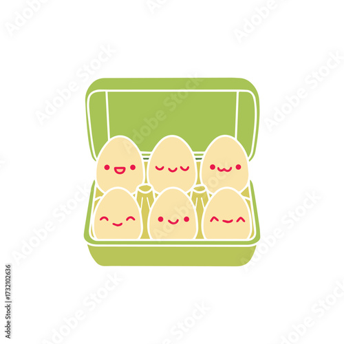 Six cute smiling kawaii eggs in a green egg carton