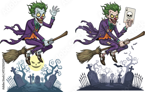 Zombie clown flying on broomstick, Halloween graveyard scene, spooky jester character, horror fantasy illustration, bats, mist, creepy moonlight, undead