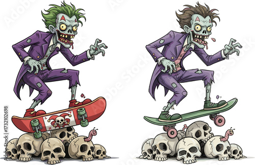 Zombie skateboarders, horror cartoon, skull pile, creepy clowns, Halloween illustration, undead characters, worms, spooky art, fantasy, extreme skateboarding, edgy