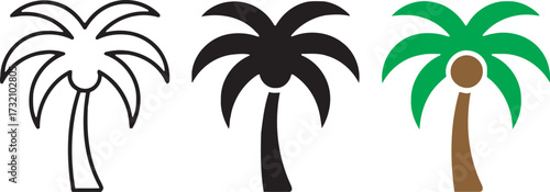 Set of three palm tree icons in outline silhouette and color for tropical beach and vacation themes vector