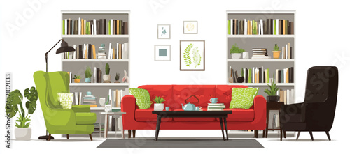 Cozy Living Room Interior with Red Sofa Bookshelves and Armchairs Featuring Modern Furniture