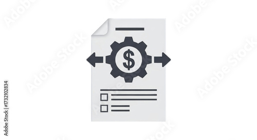 Isolated document with gear dollar arrows checklist planning for business work flow plan