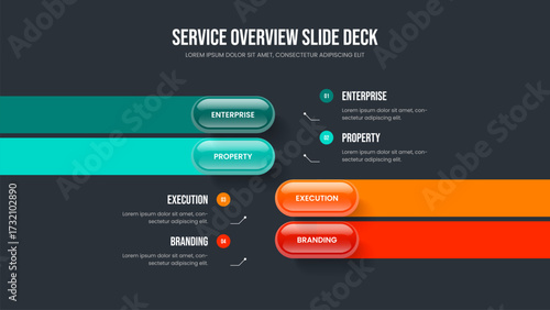 Market Visualization Four Element Diagram Slideshow Design. Investor Strategy Slide Layout Vector Illustration. Marketing Planning 4 Option Infographic Presentation Template.