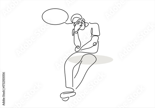 Man in Distress Contemplative Pose with Speech Bubble.  line icon-continuous line drawing. Editable stroke. 
