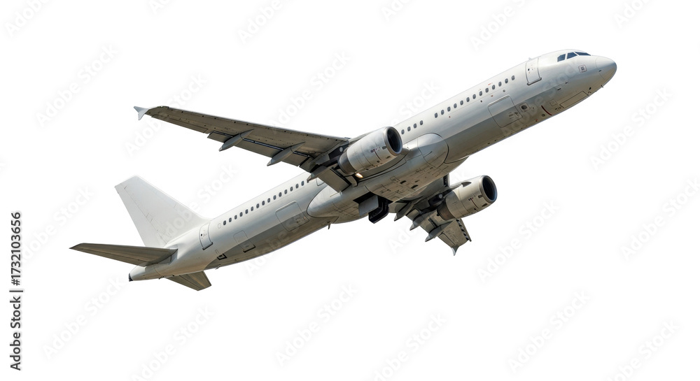 Obraz premium Isolated Commercial Airplane in Flight Rising Upward with Visible Engines and Landing Gear
