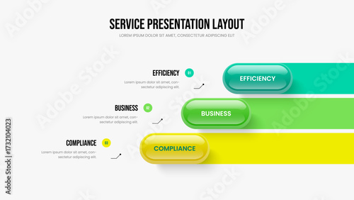 Investor Review Slide Layout Vector Illustration. Digital Briefing Three Element Diagram Slideshow Design. Corporate Plan 3 Option Infographic Presentation Template.