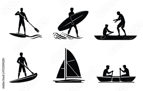 Diverse water sport activities depicted in silhouette including paddleboarding surfing sailing canoeing and boating adventures