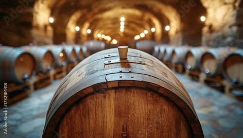 Wooden wine barrels line a cellar, lit dimly, creating a sense of aging and maturation