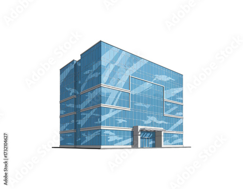 Modern glass office building with a reflective facade showing a blue sky, an architectural vector illustration isolated on a white background