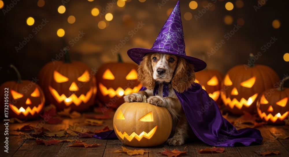 Naklejka premium Adorable Dog in Witch Hat with Pumpkin Surrounded by Halloween Decorations and Warm Candlelight