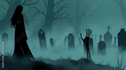 Silhouette of woman standing in foggy cemetery with skeletal hand rising from grave among tombstones and leafless trees