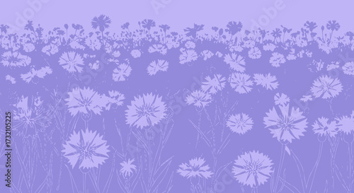 Lilac-toned field with flowers, silhouette style, flat and stylized
