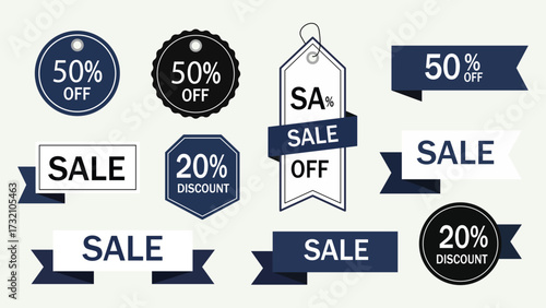 Sale discount tags with percentage off labels, price promotion badges, shopping offer banners, special coupon stickers, retail marketing icons
