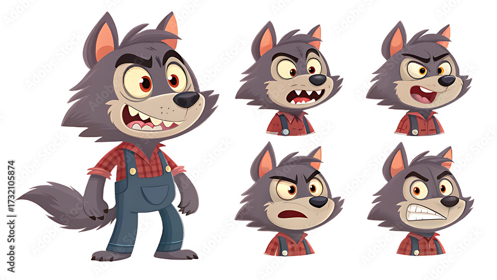 Fototapeta premium Cartoon wolf with various expressions isolated on white background