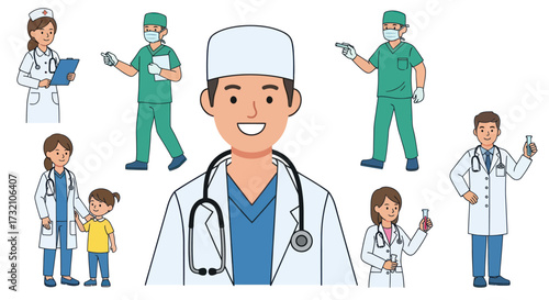 Diverse group of medical professionals in cartoon style including doctors and nurses.