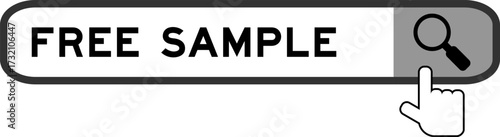 Search banner in word free sample with hand over magnifier icon on white background