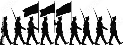 Silhouette of soldiers marching in line with flags and rifles, military parade, army troops walking together, black vector illustration design