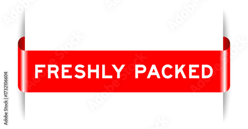 Red color inserted label banner with word freshly packed on white background