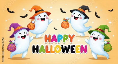 Spooky and adorable cartoon ghosts celebrating Happy Halloween, wearing colorful witch hats and holding candy bags, perfect for festive holiday designs