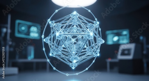 Futuristic Geometric Structure Glowing Blue in a Dark Laboratory Setting.
