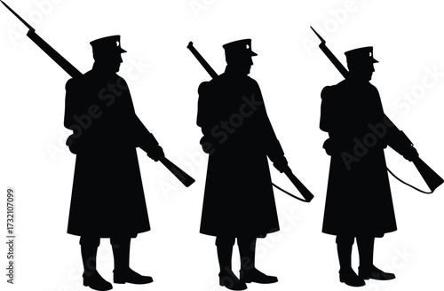 Silhouette of three soldiers standing with rifles, vintage military guards, army security, defense protection, war illustration, armed forces vector art