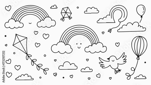 Cheerful doodle art featuring rainbows, kites, balloons, clouds, hearts, and a bird, perfect for a whimsical design or creative project, originally a vector