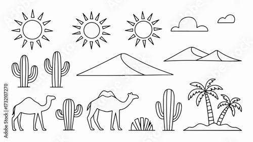 Enchanting desert landscape with camels, cacti, and palm trees, perfect for coloring books, educational materials, or unique design elements. A scalable design.