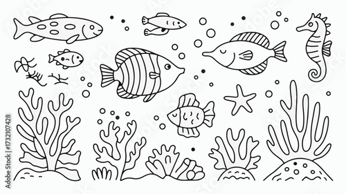 Charming hand drawn underwater ocean scene with playful fish, seahorse, starfish, and vibrant coral reef elements perfect for children's projects and educational materials