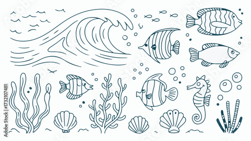 Charming collection of delightful ocean life elements including playful fish, a majestic seahorse, waving seaweed, and a dynamic wave illustration